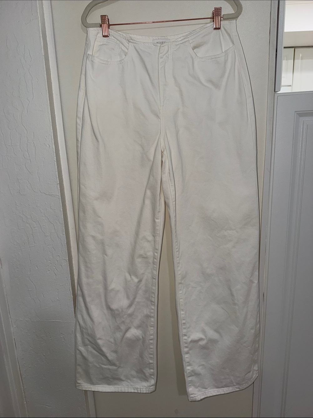 Meshki White Wide Leg Denim Pant with Hook & Button Closure | 10